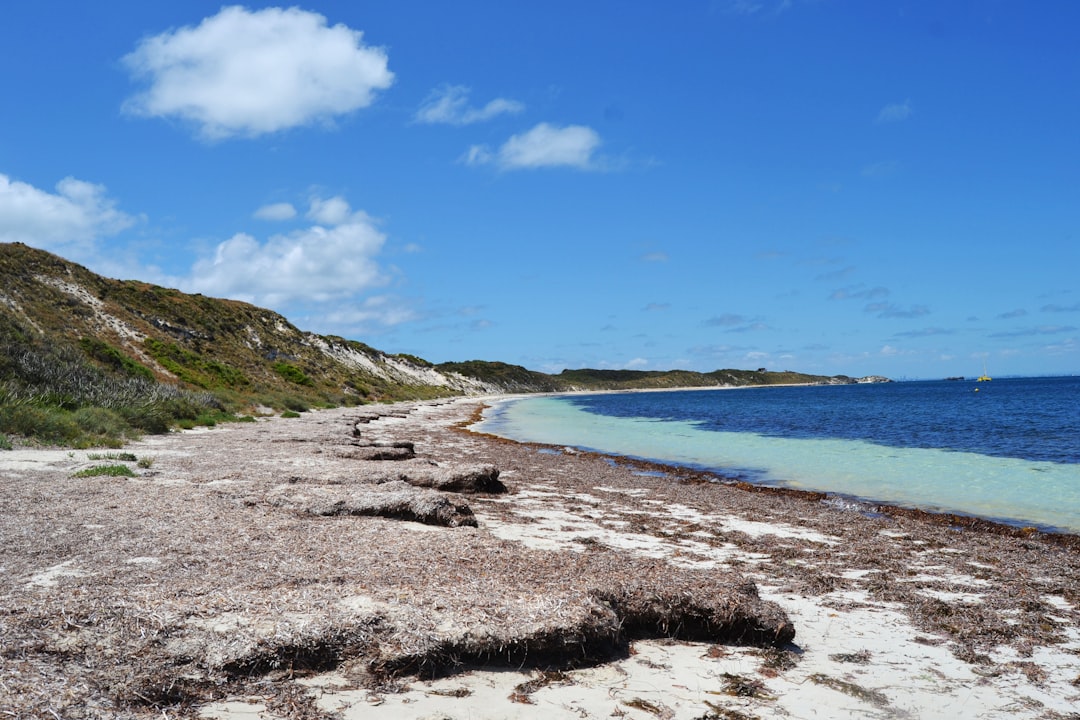 A sandy beach next to the ocean under a blue sky,