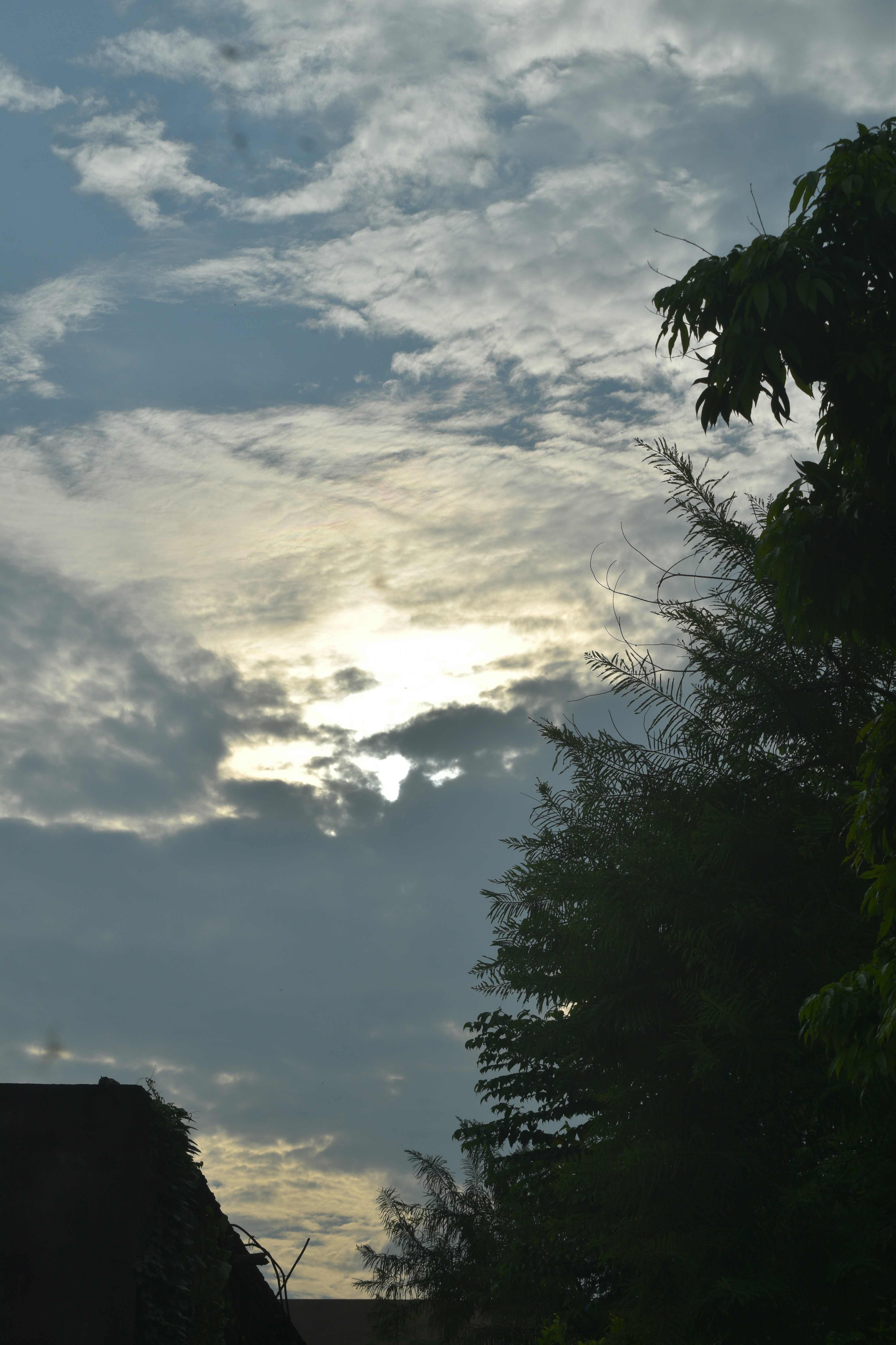 Sunlight breaks through dark clouds above silhouetted trees and rooftops.