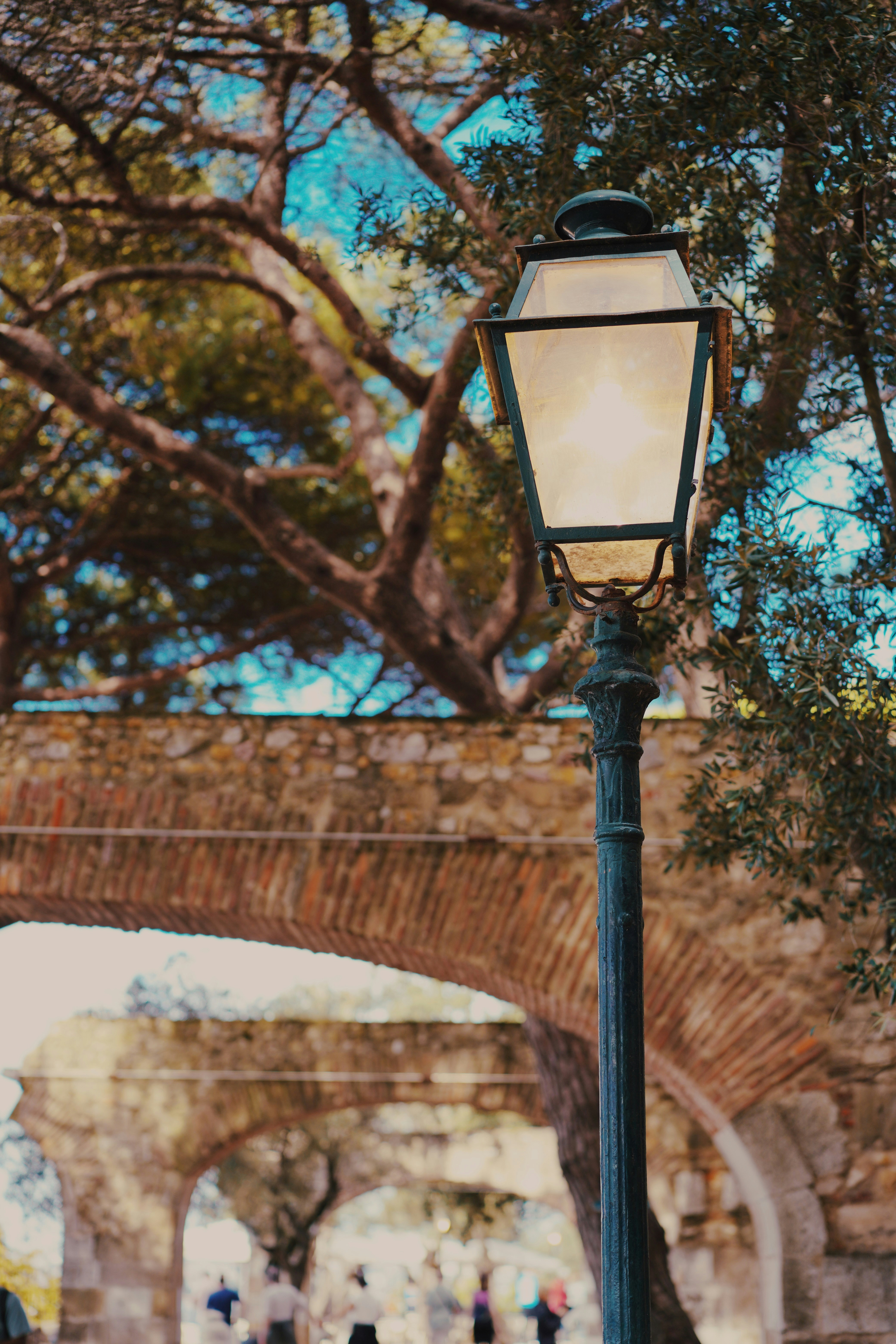 A street light sitting under a tree next to a bridge
