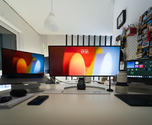 A multi-screen workstation in the digital media lab