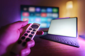 A person holding a remote control in front of a laptop