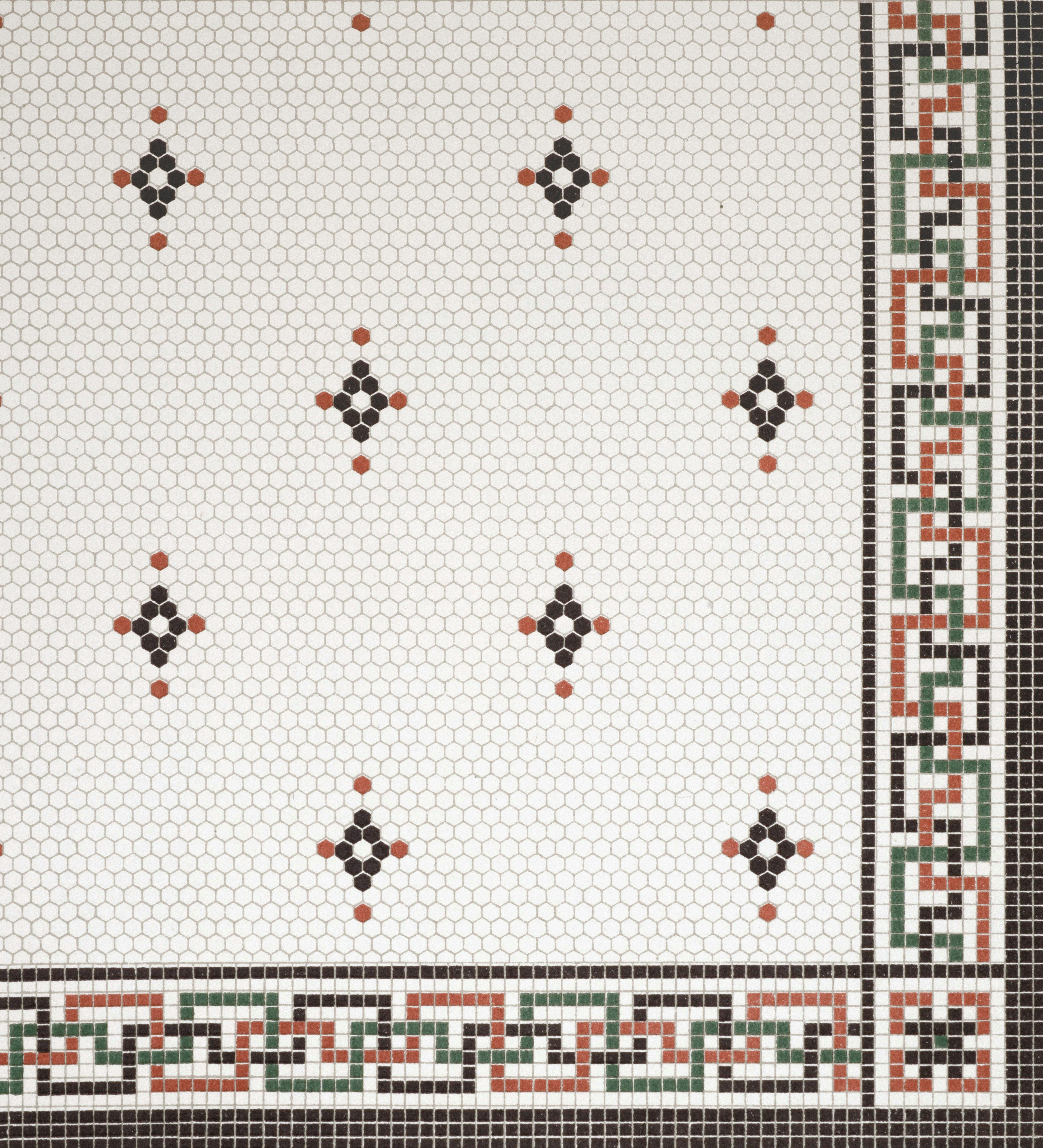 White mosaic tile with geometric border pattern