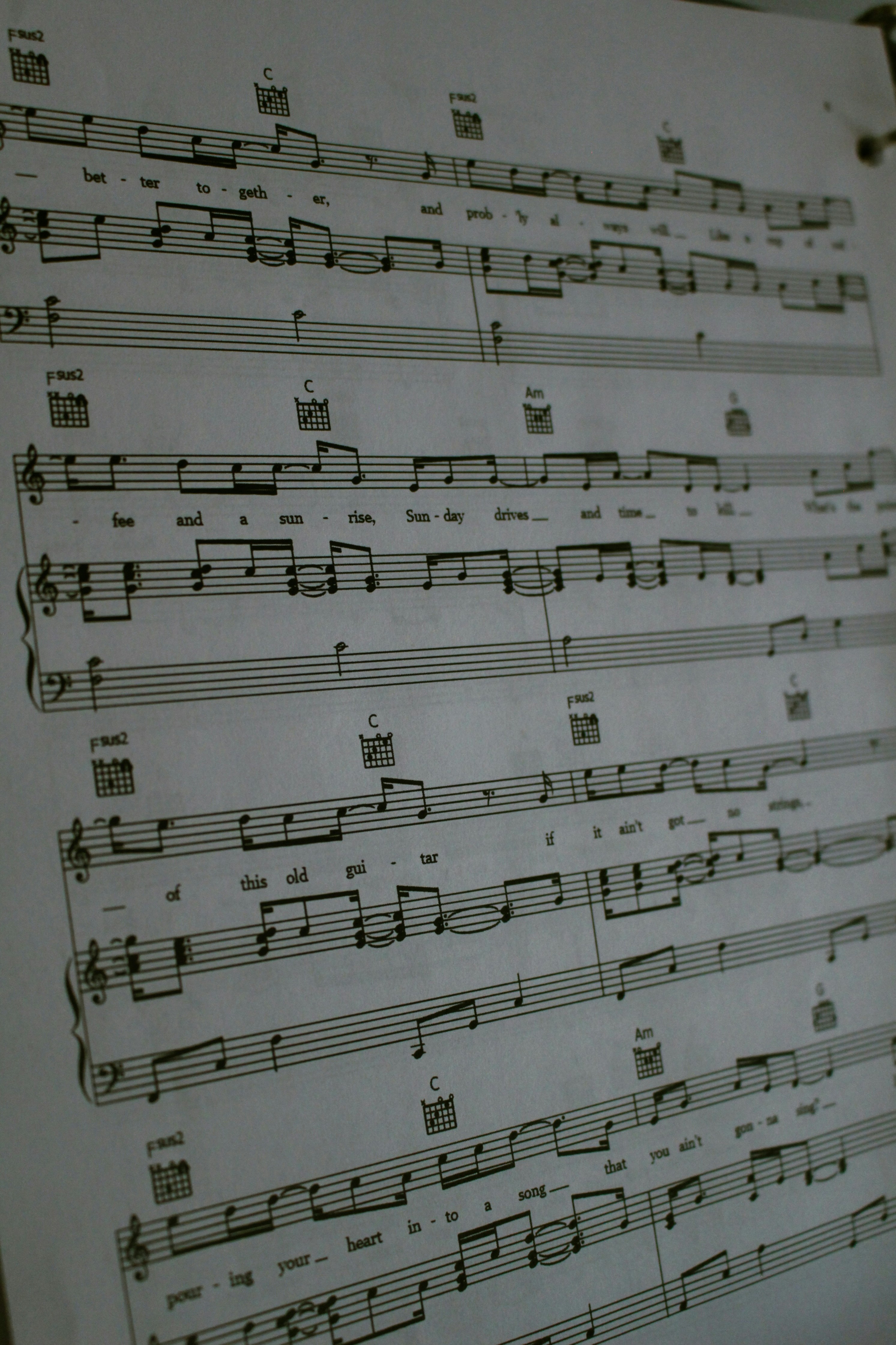 A sheet of music is hanging on a wall