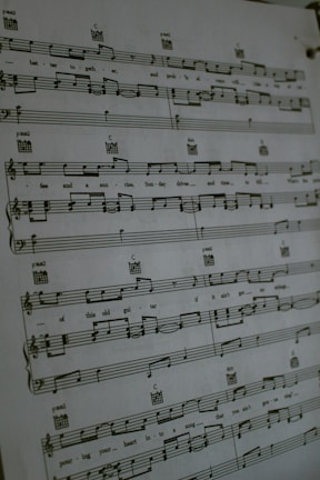 A sheet of music is hanging on a wall