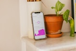 A cell phone sitting on top of a table next to a potted plant