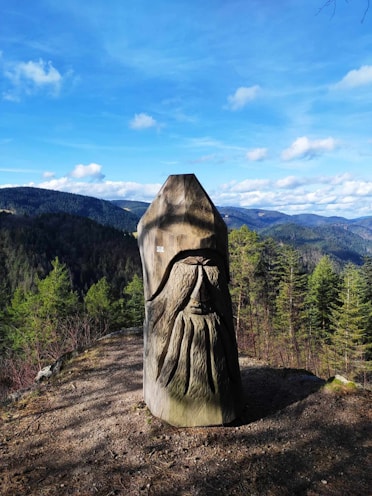 A large rock with a face carved into it