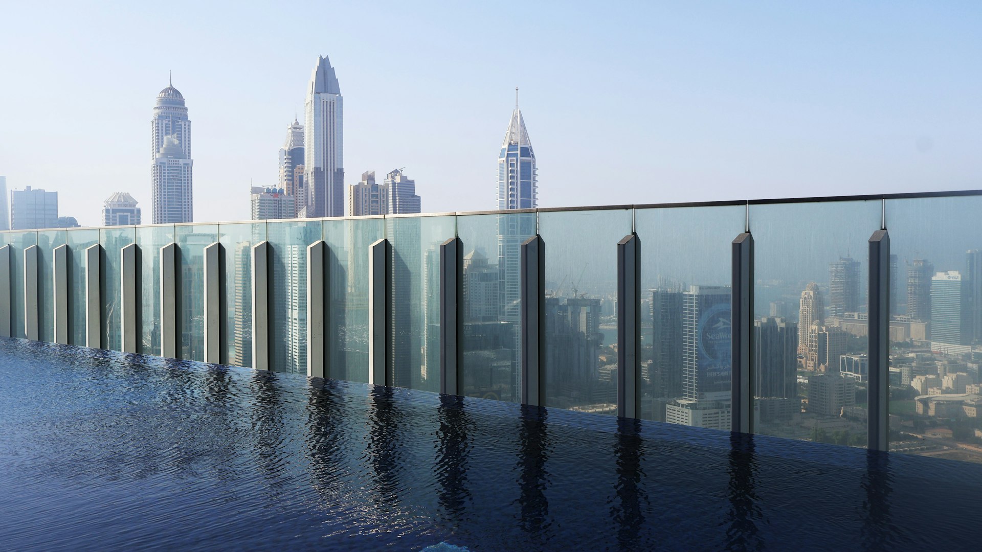 A view of a city from a swimming pool