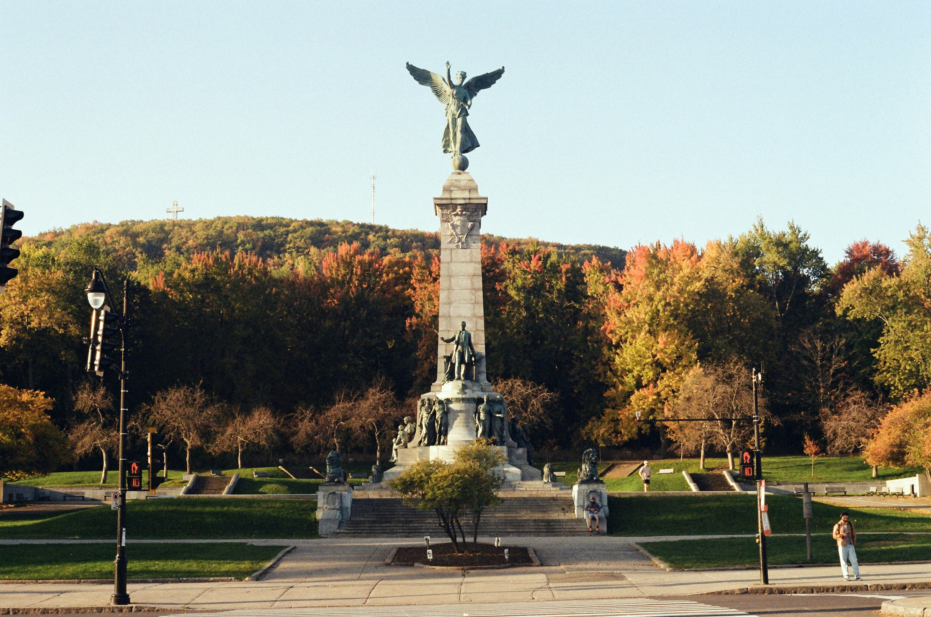 A statue in a park with trees in the background