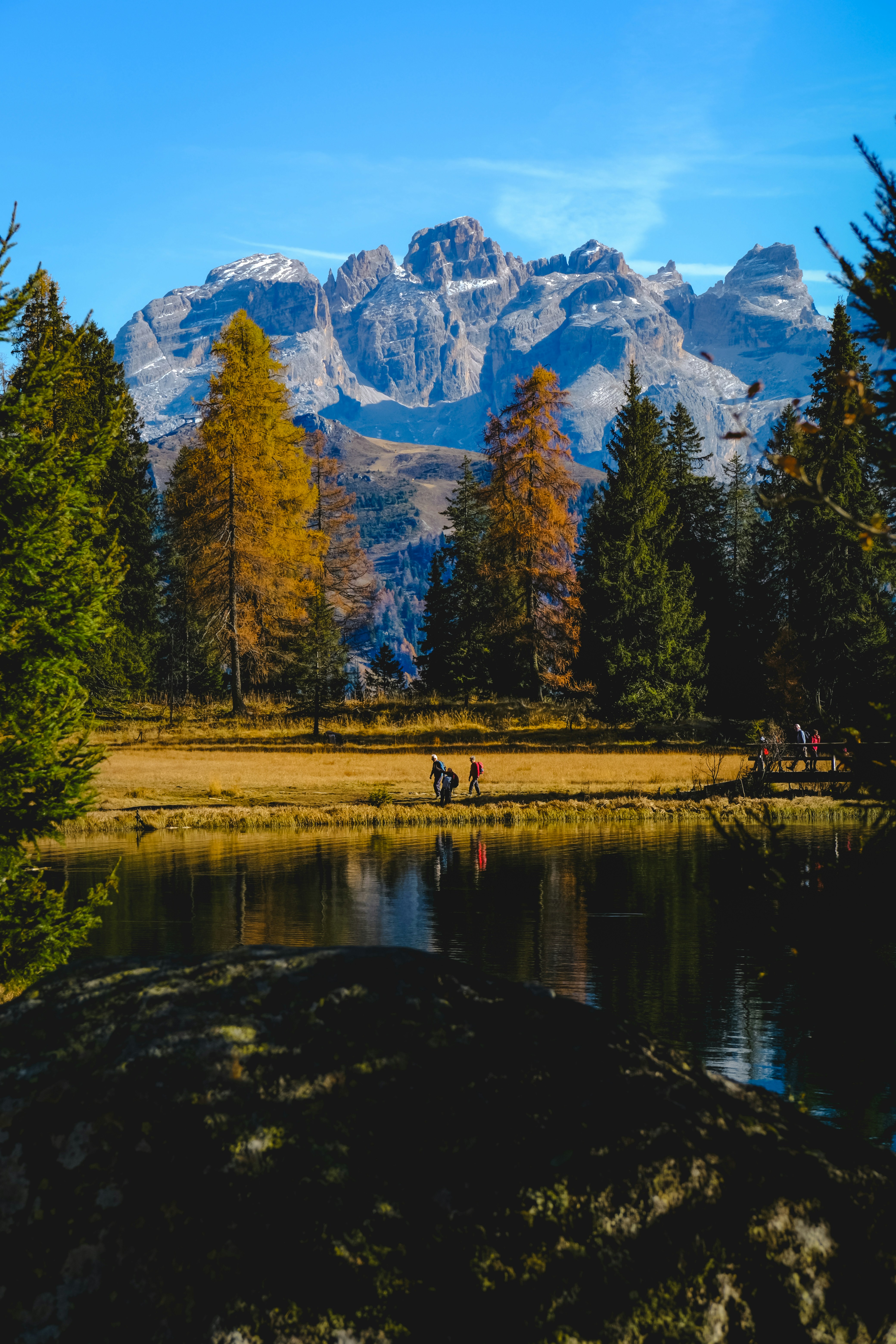 A lake surrounded by trees with mountains in the background