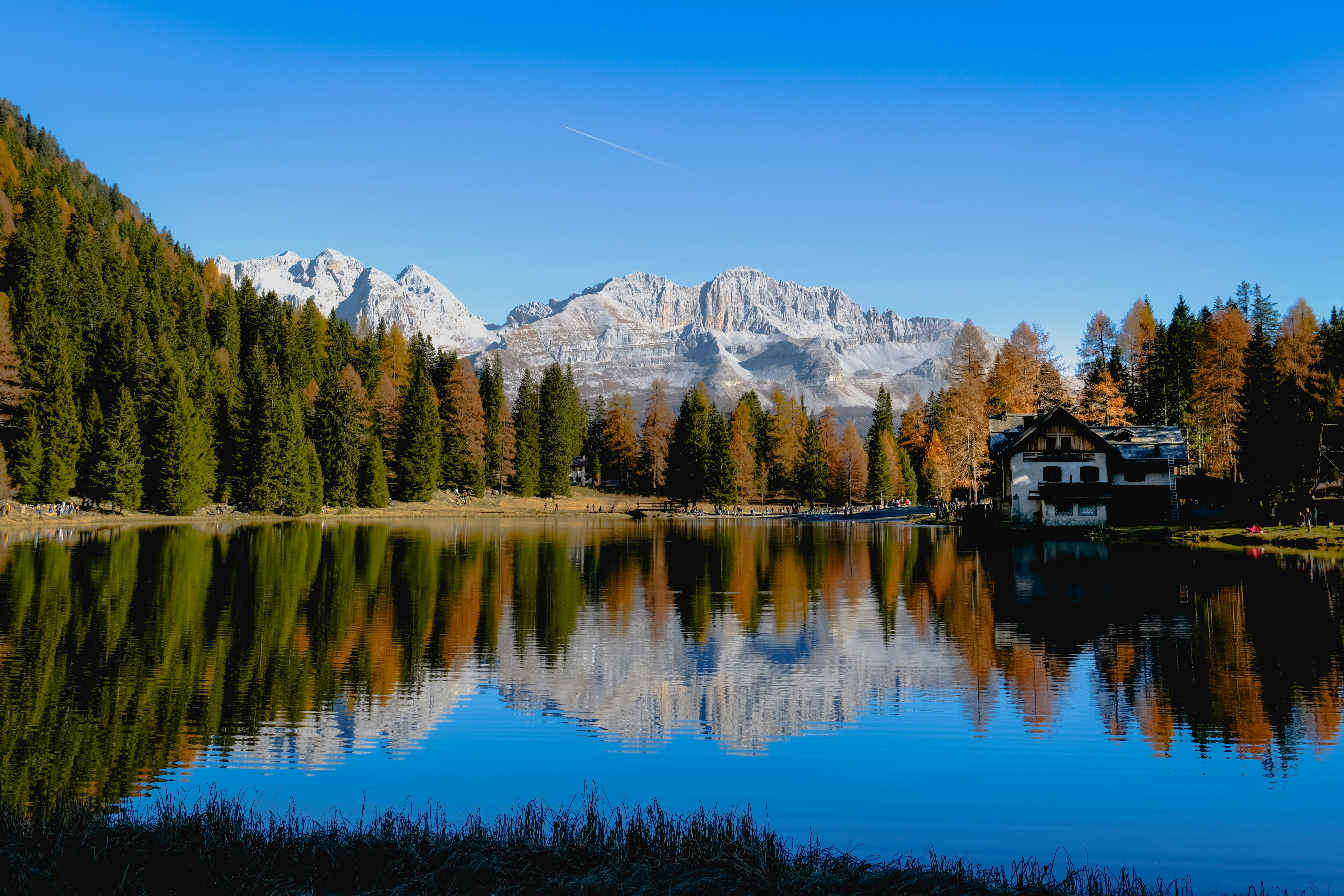A lake surrounded by trees with mountains in the background