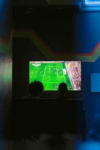 Two people watching a soccer game on a television