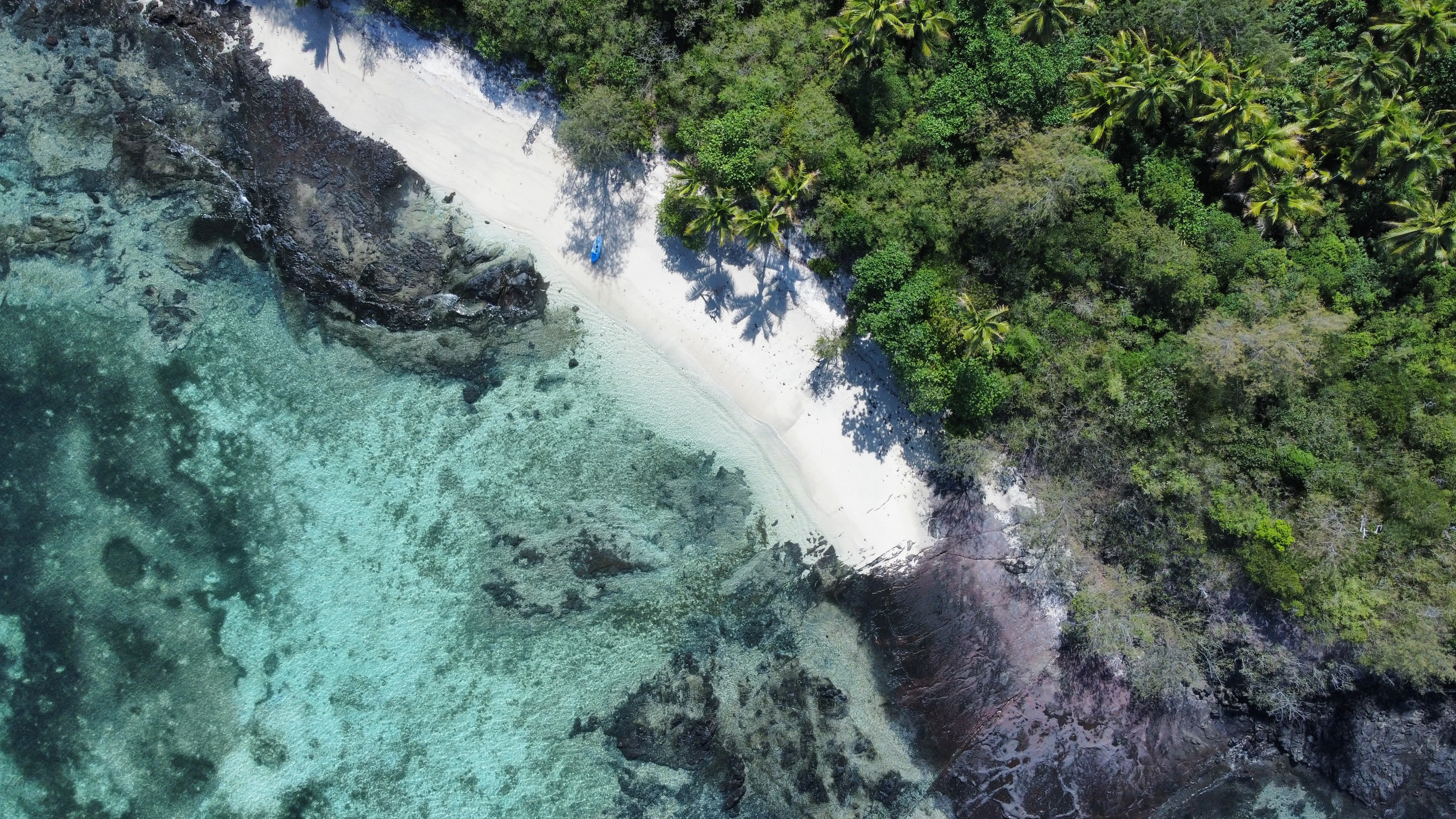 Aerial view of a white beach between the reef and palm forest in Fiji