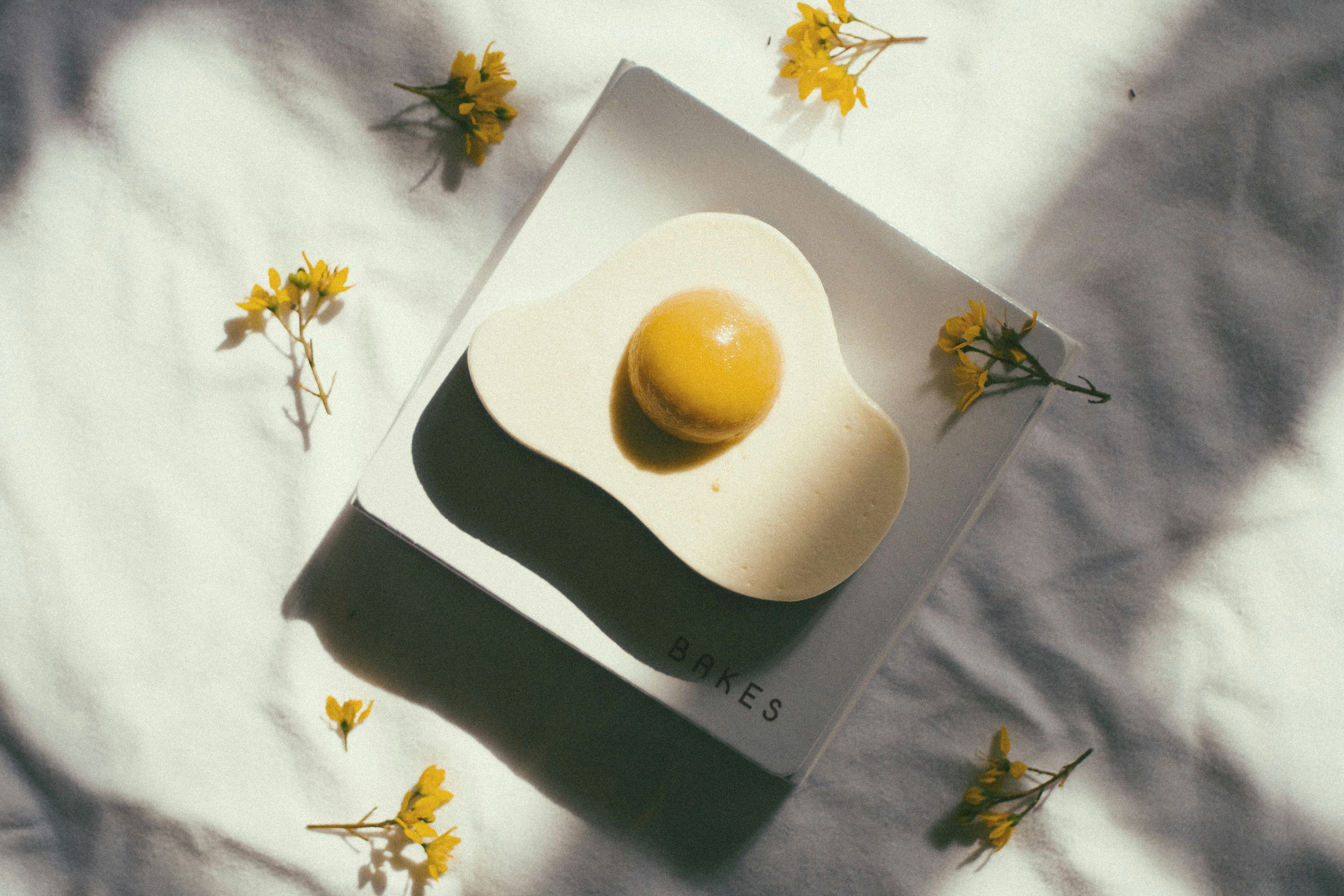 An egg sitting on top of a white box
