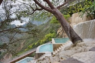 A pool with a waterfall in the background