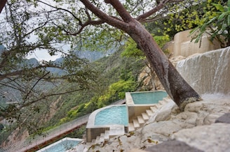 A pool with a waterfall in the background