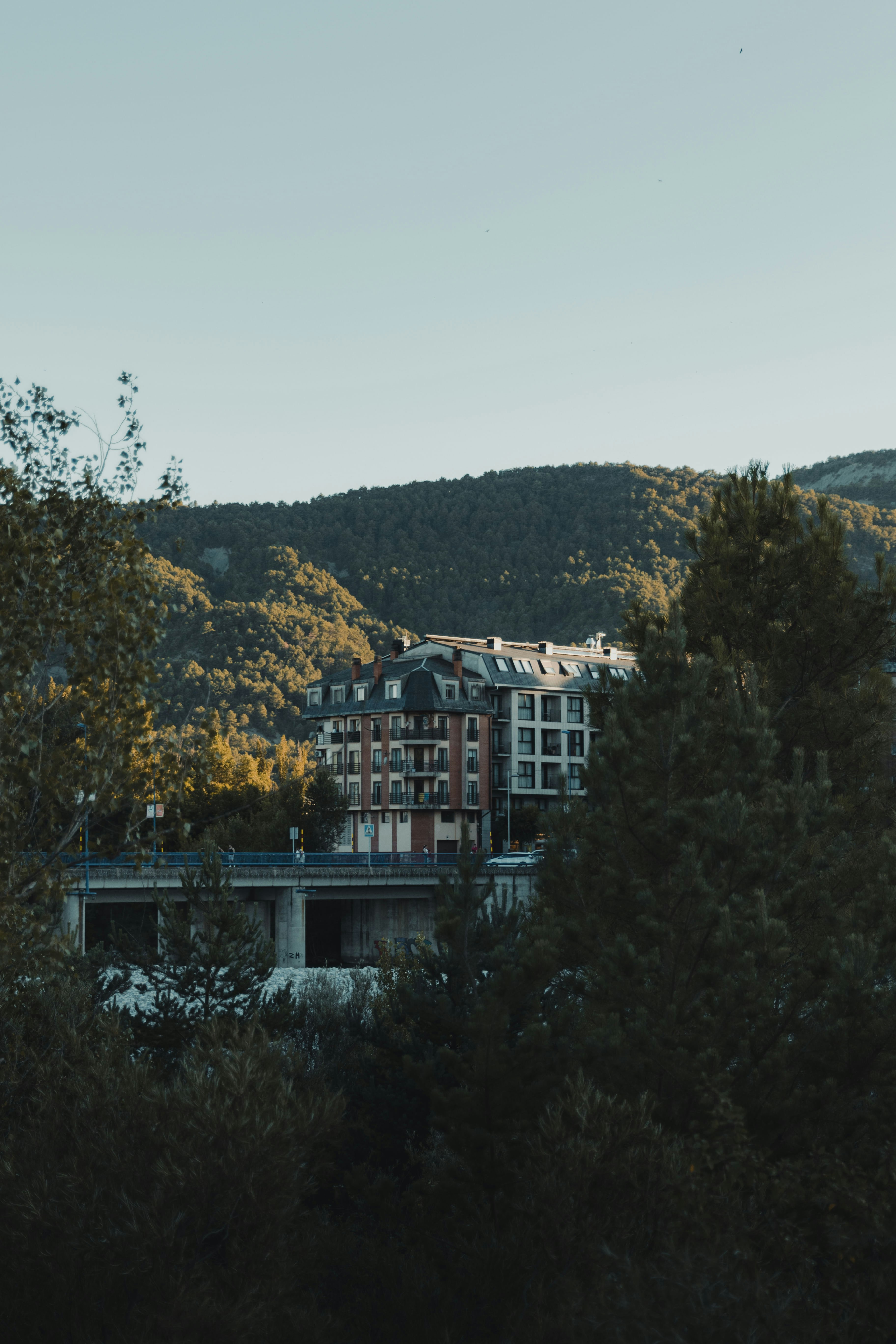 A large building surrounded by trees and mountains