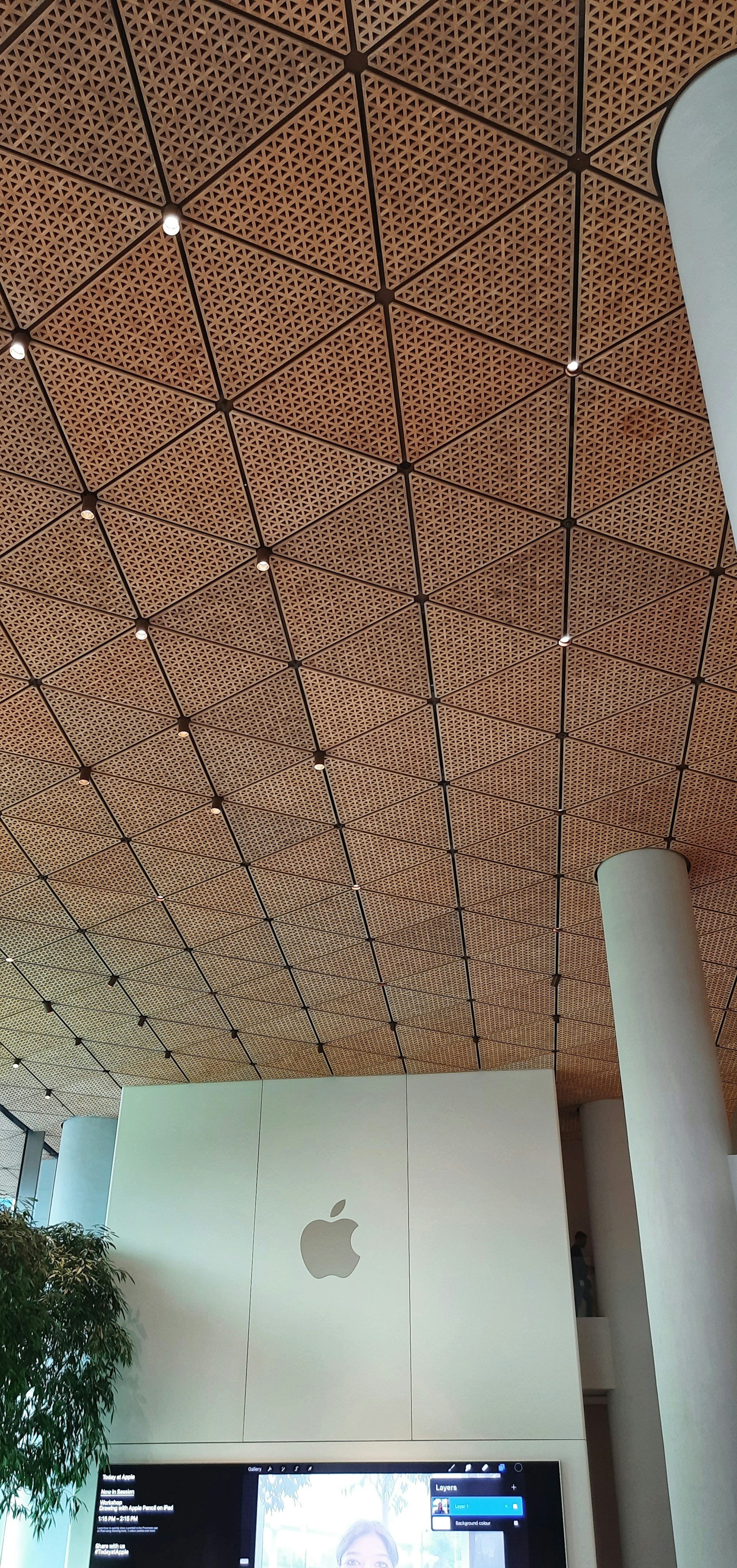 The ceiling of an apple store with a large screen