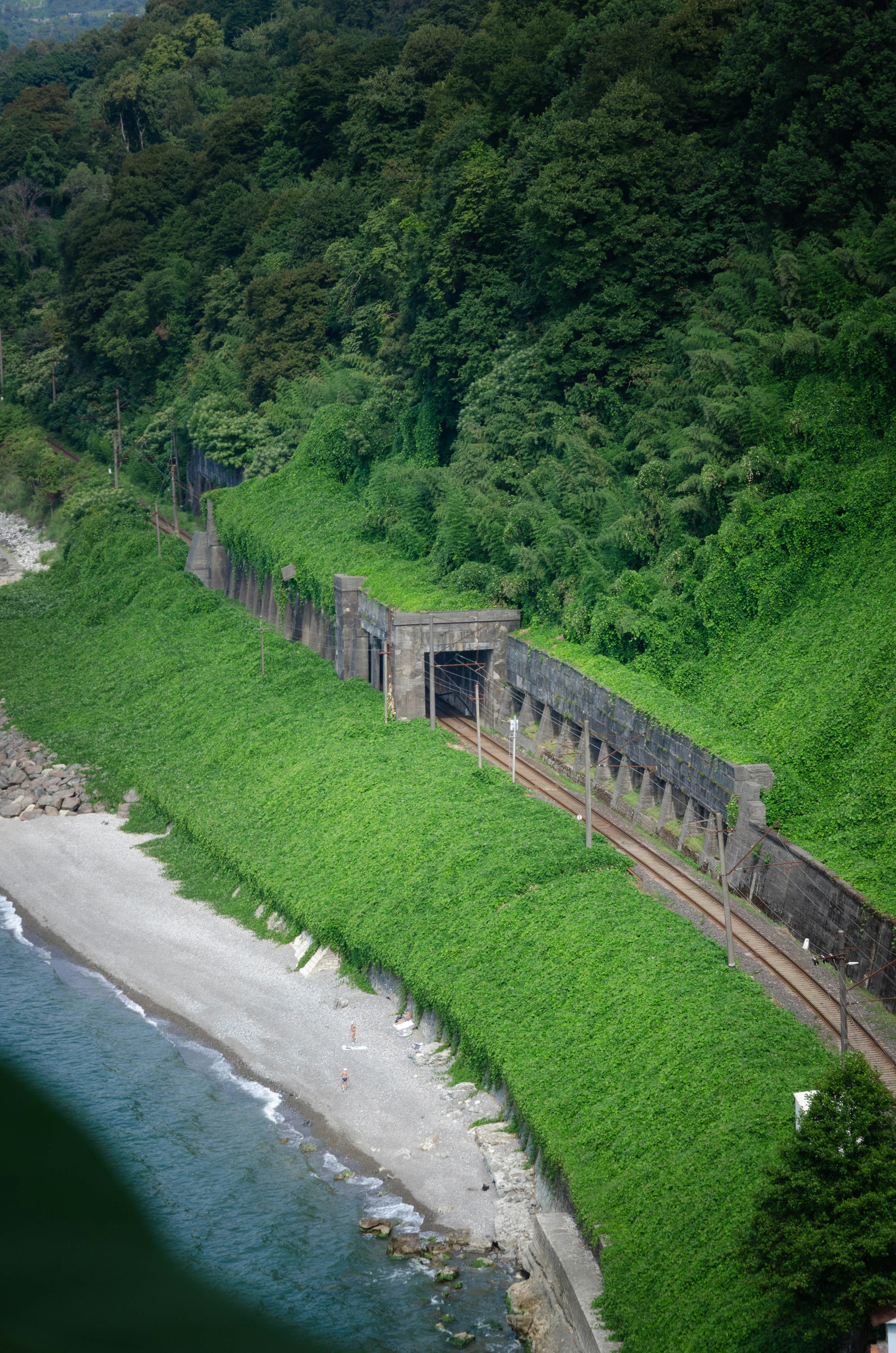 A train traveling down tracks next to a lush green hillside