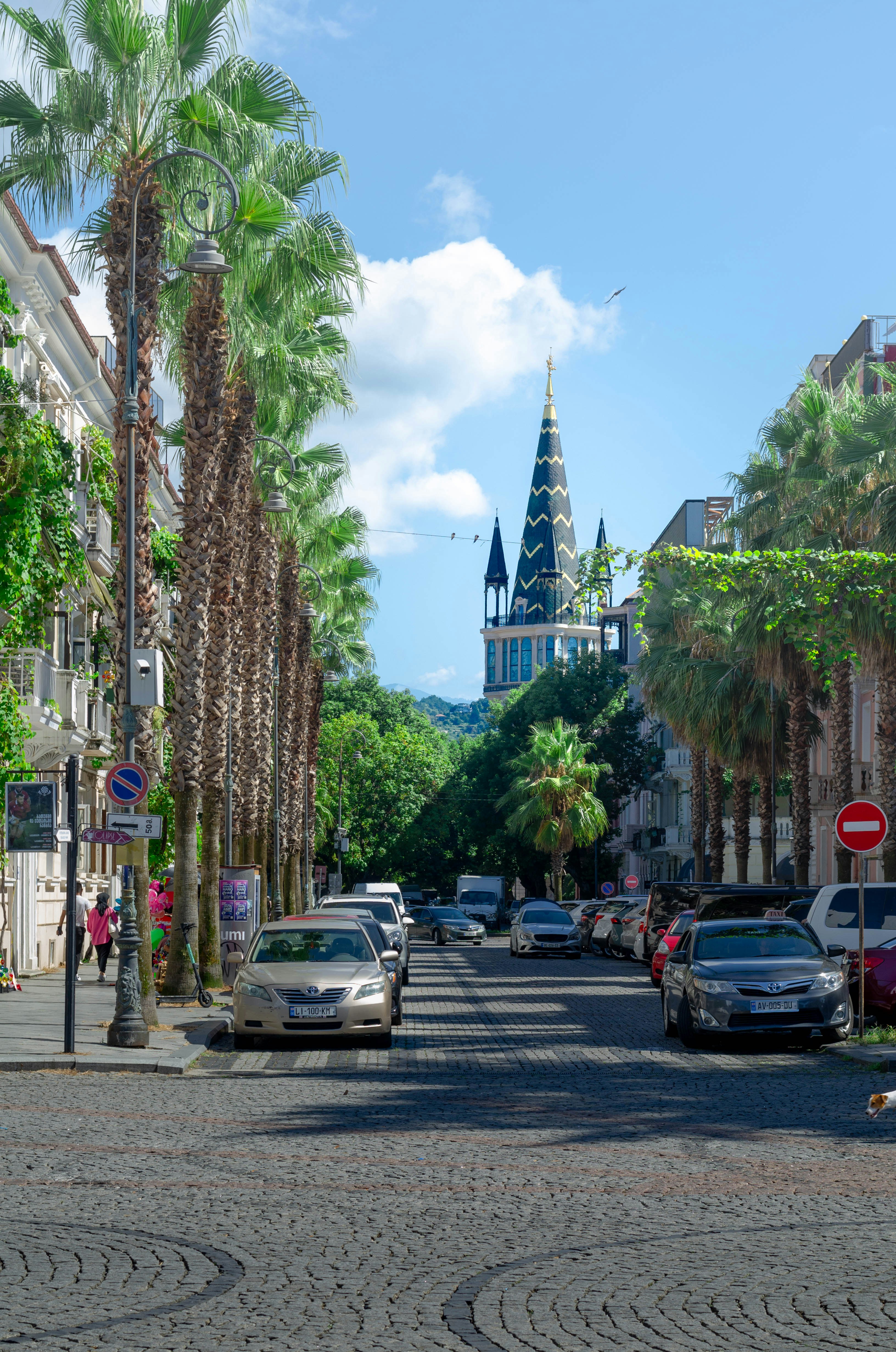 A city street lined with palm trees and parked cars