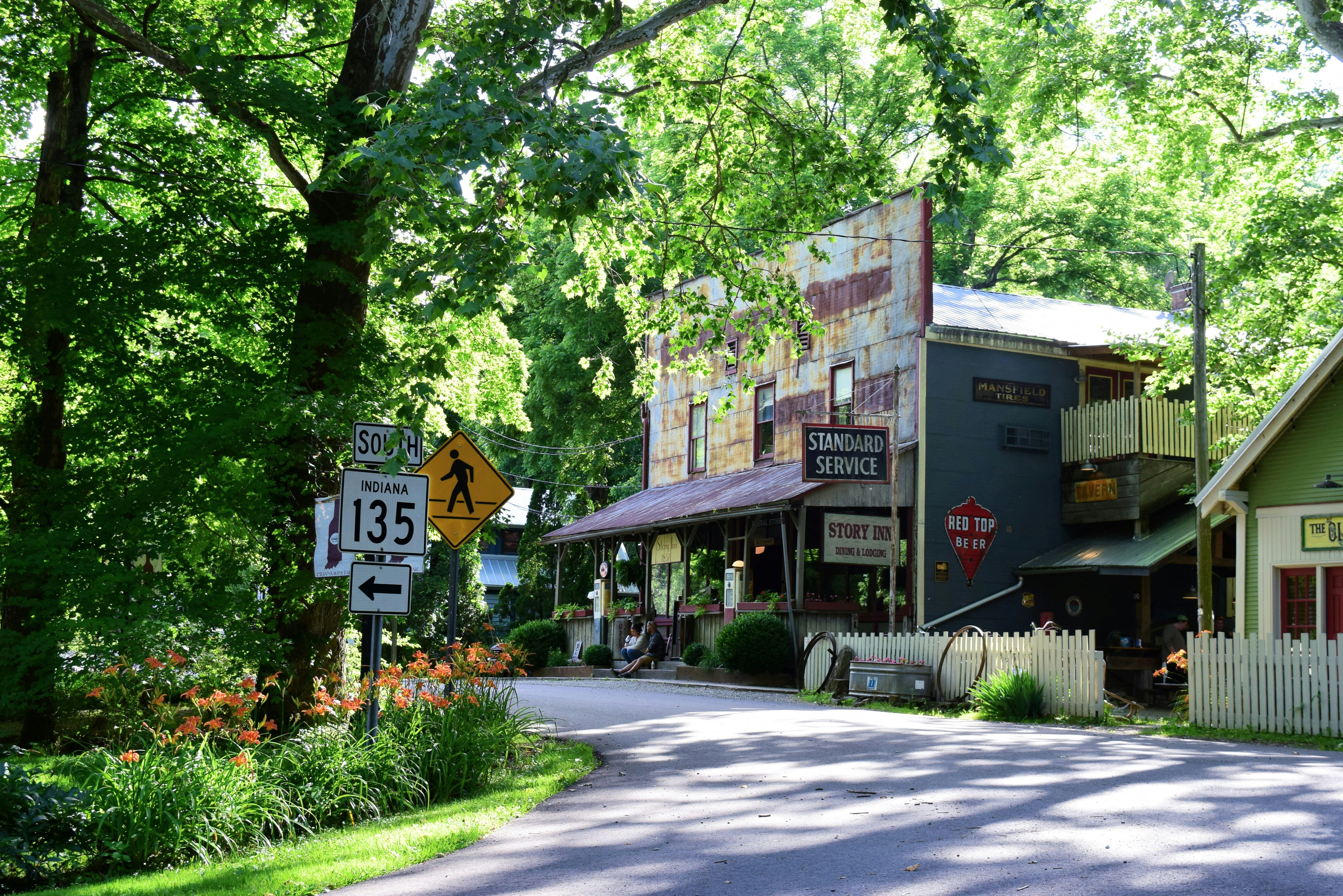 A street view of a small town in the woods