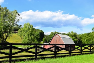 A red barn sitting on top of a lush green field