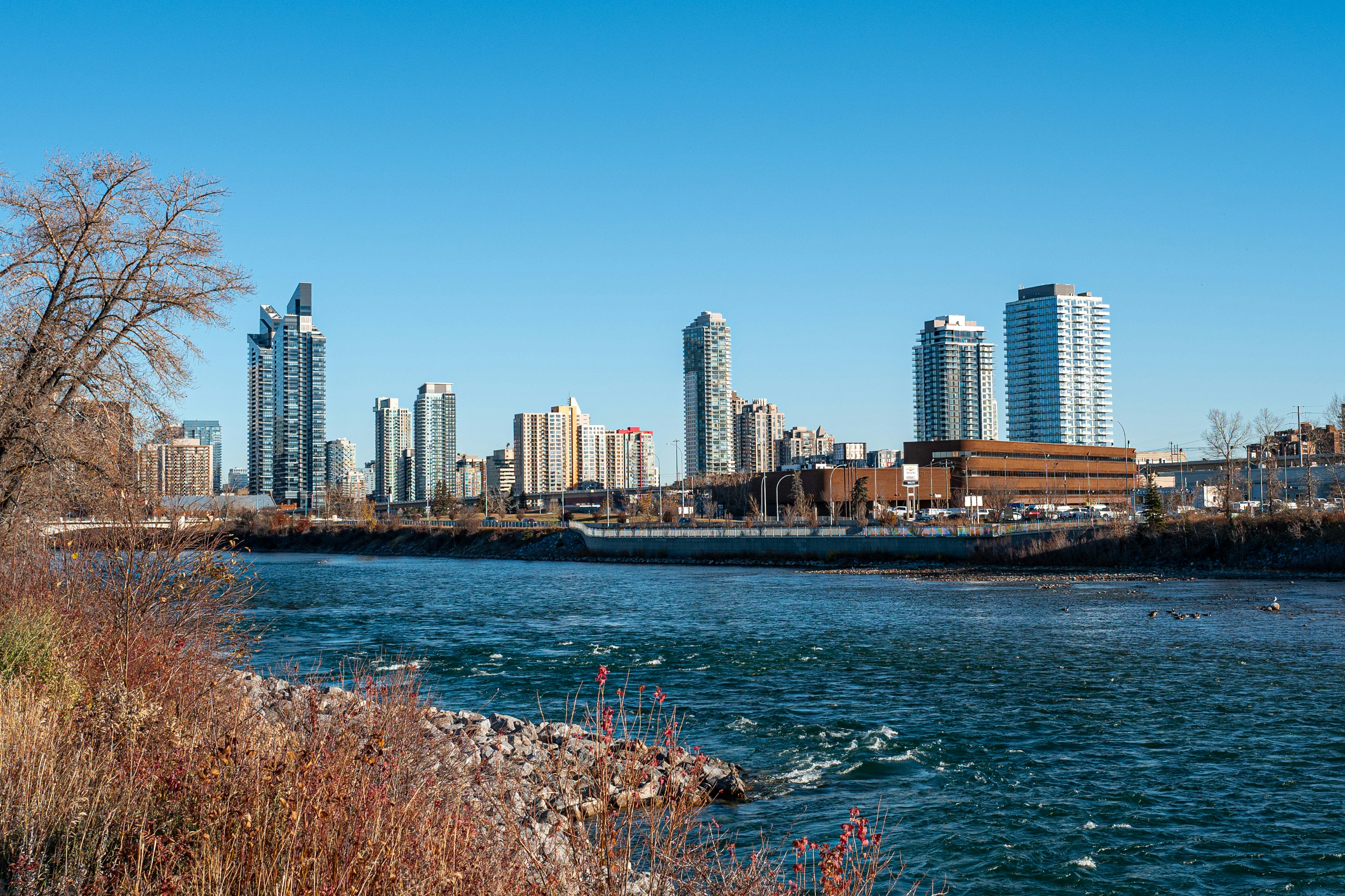 Ein Gewässer mit einer Stadt im Hintergrund