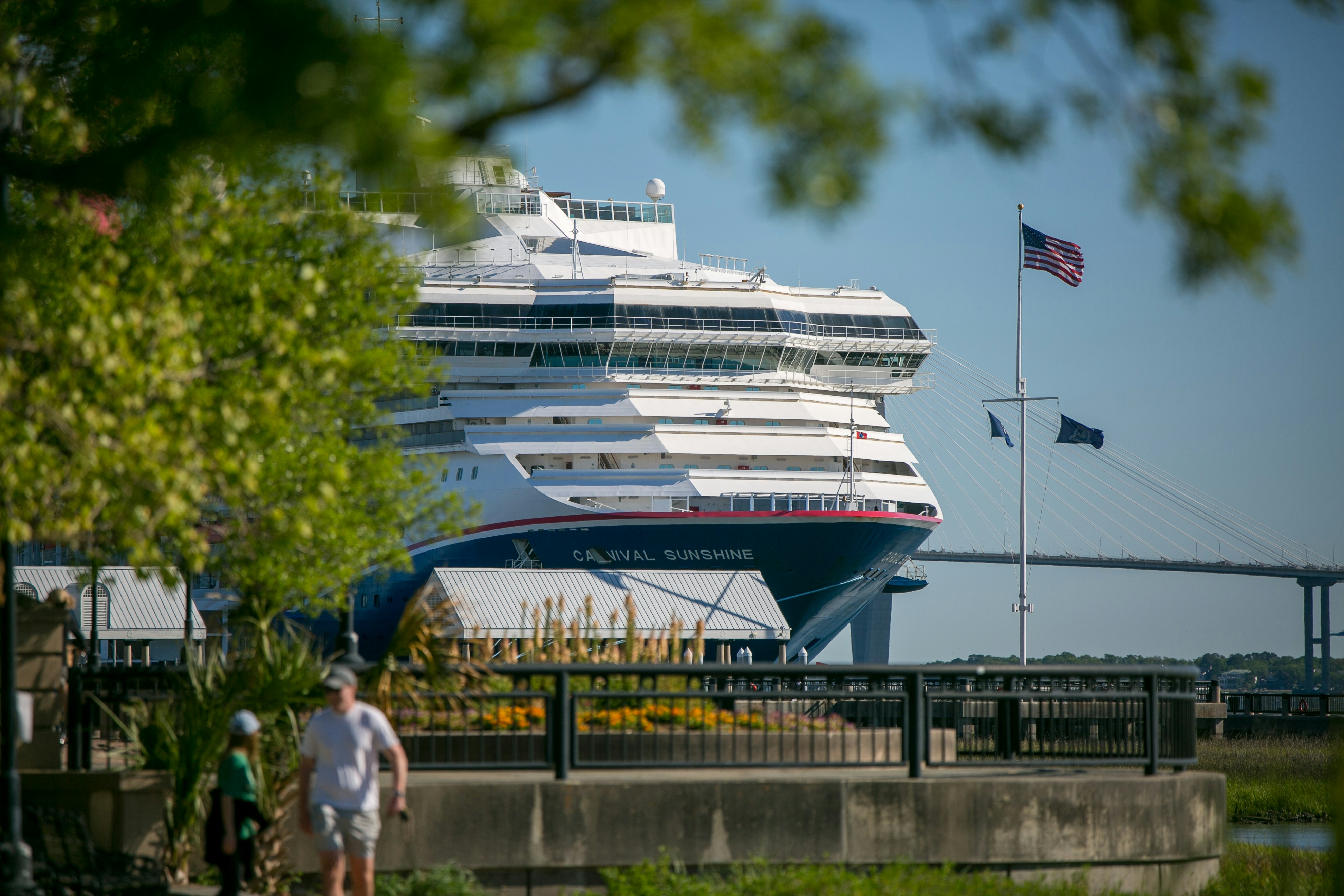 A large cruise ship docked in a harbor