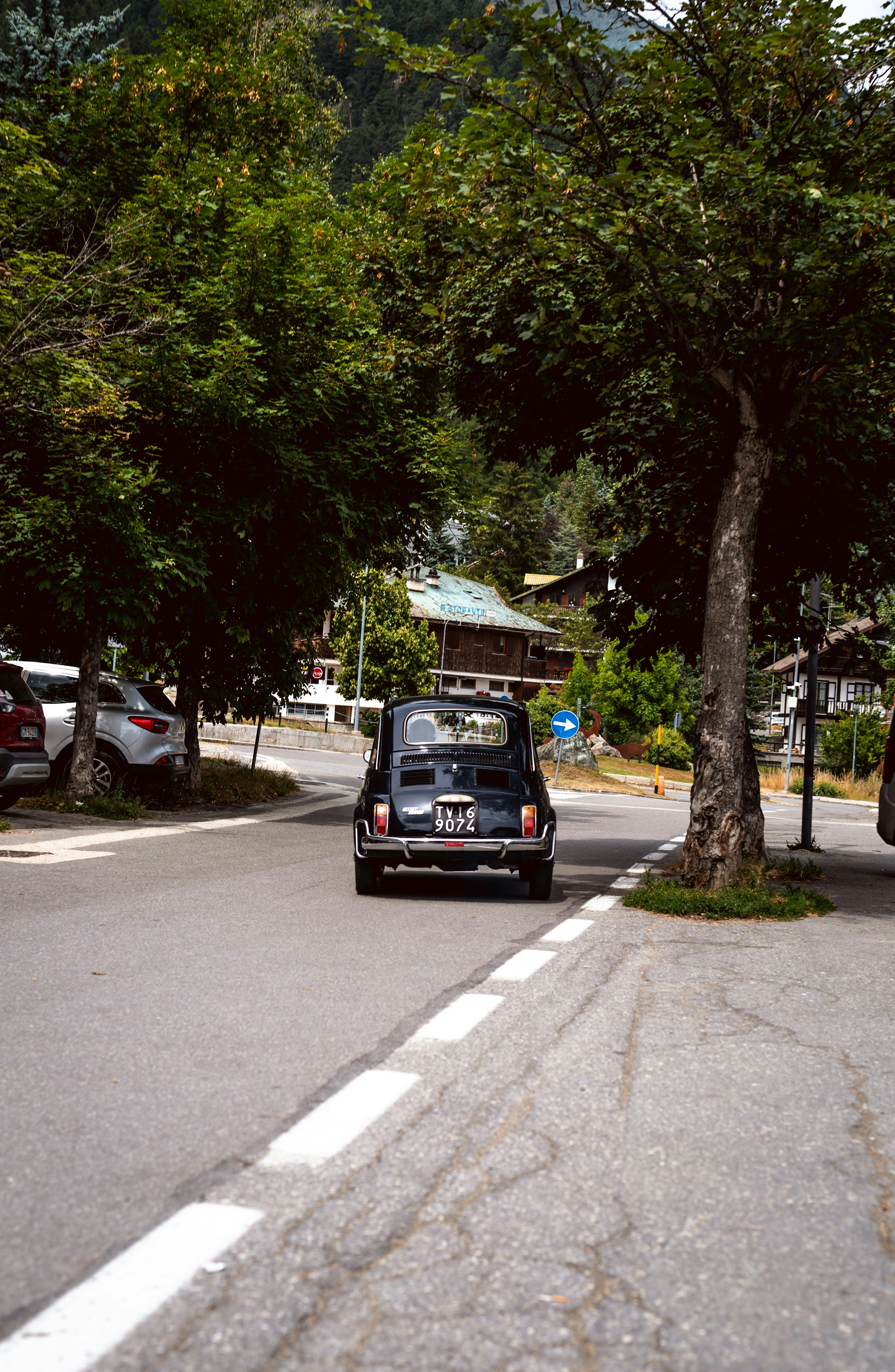 Un'auto nera che percorre una strada vicino a un albero