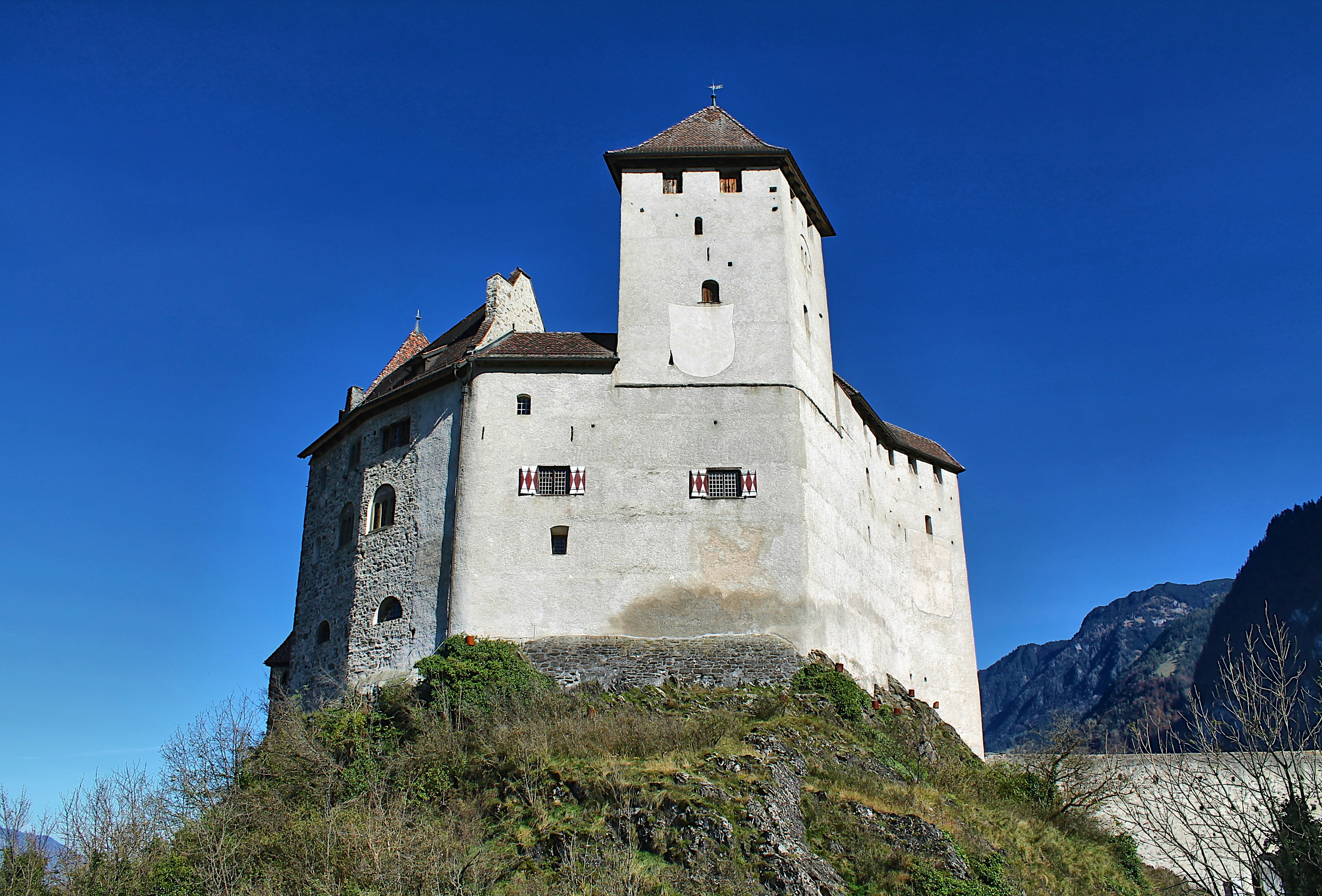 A castle sitting on top of a lush green hillside
