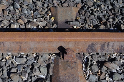 A bird is sitting on a railroad track