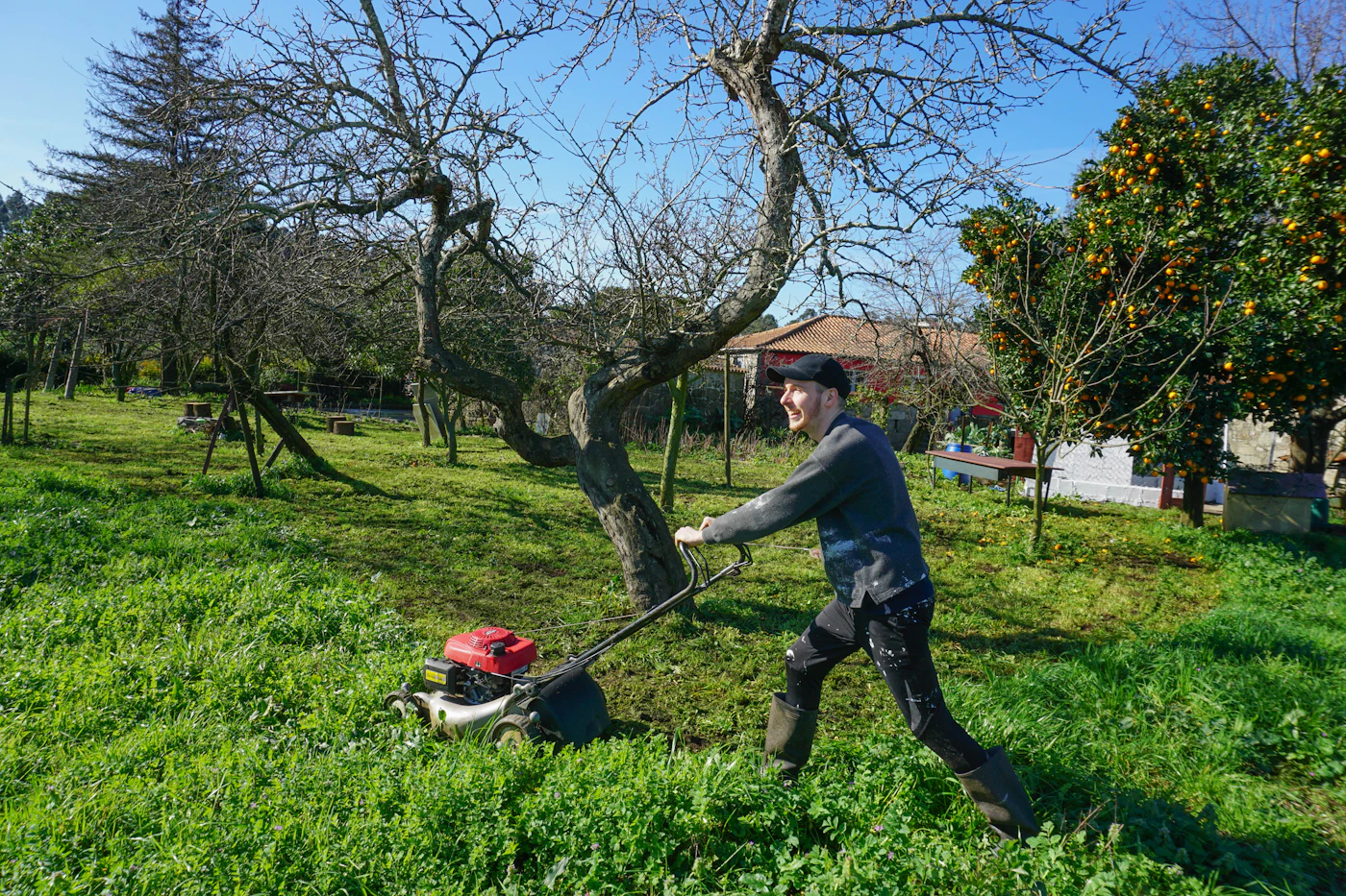 A teen mowing a neighbor's lawn as part of a Tasks4Teens task