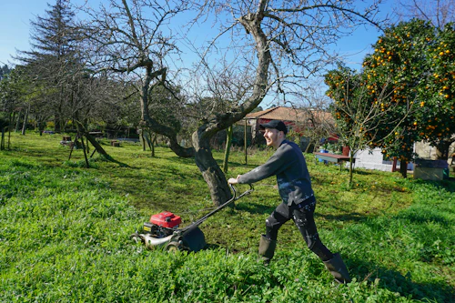 Landscaper mowing lawn