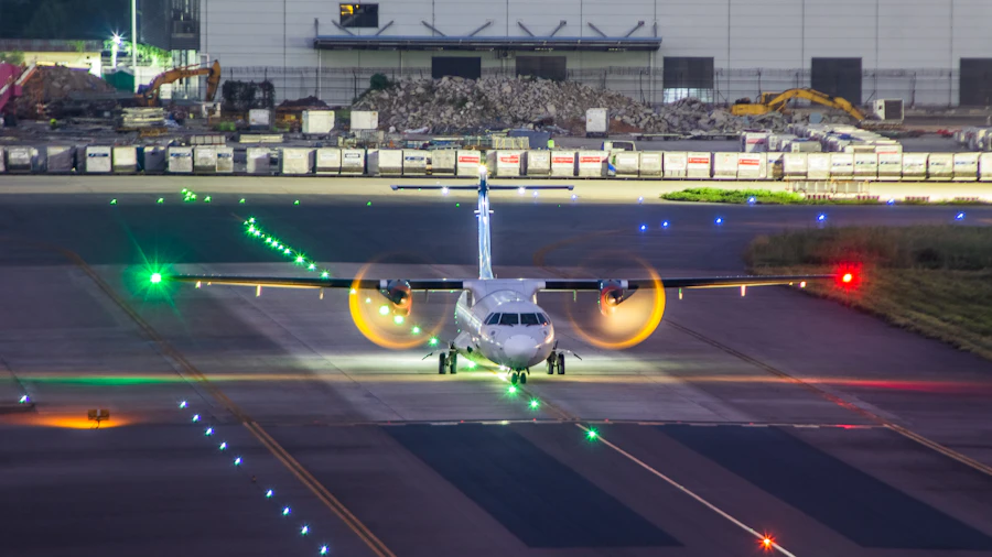Turboprop lined up on the runway at dusk