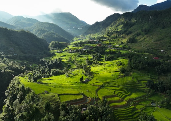 An aerial view of a lush green valley