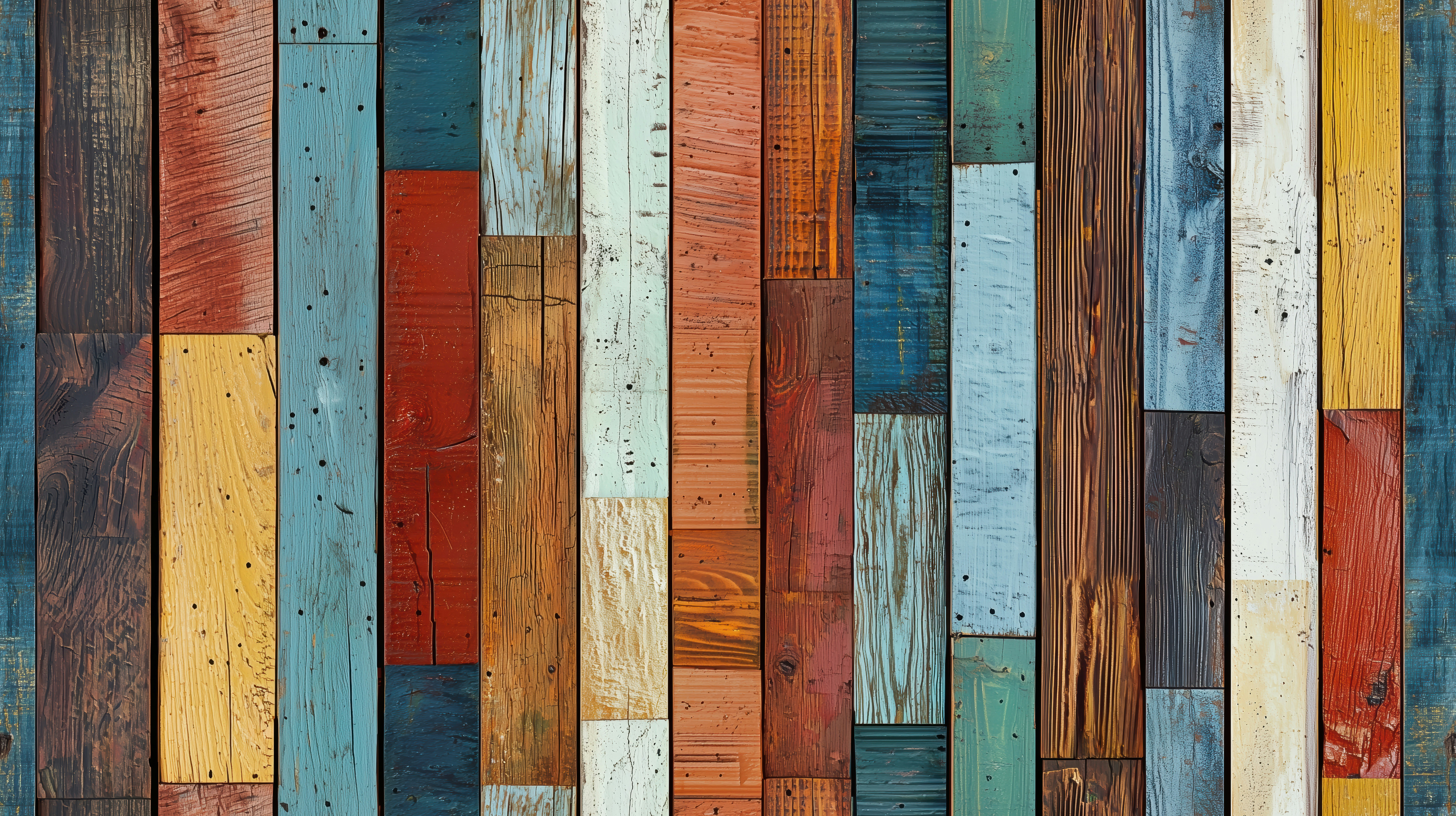 A multicolored wooden wall with vertical stripes