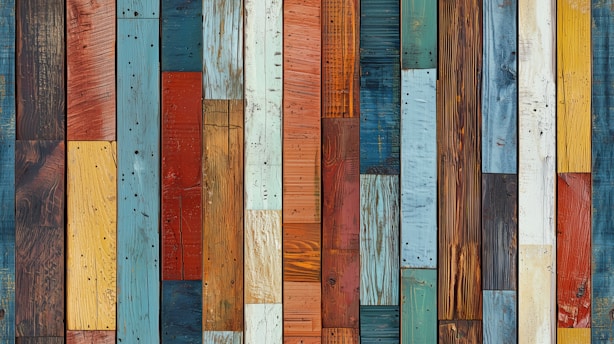 A multicolored wooden wall with vertical stripes