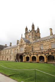 A large building with a green lawn in front of it