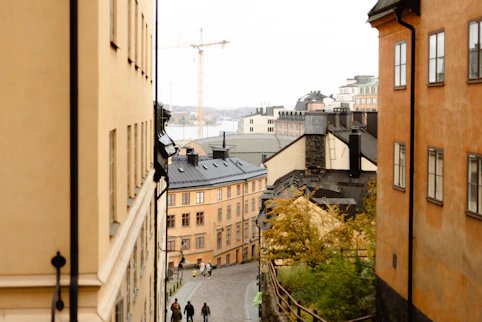 A view of a city street from a high point of view