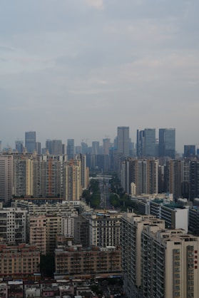 A view of a city with tall buildings