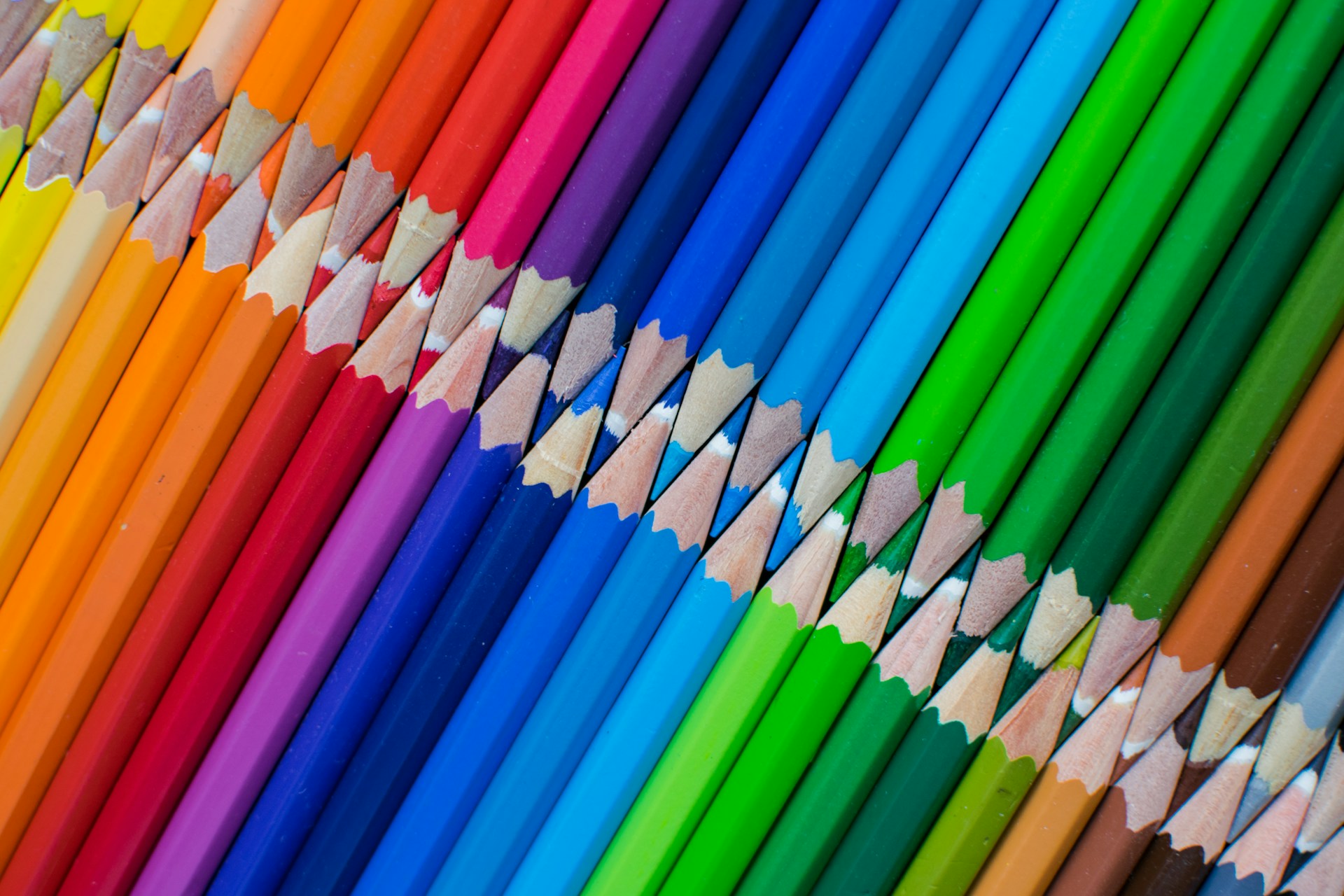 A row of colored pencils lined up in a row