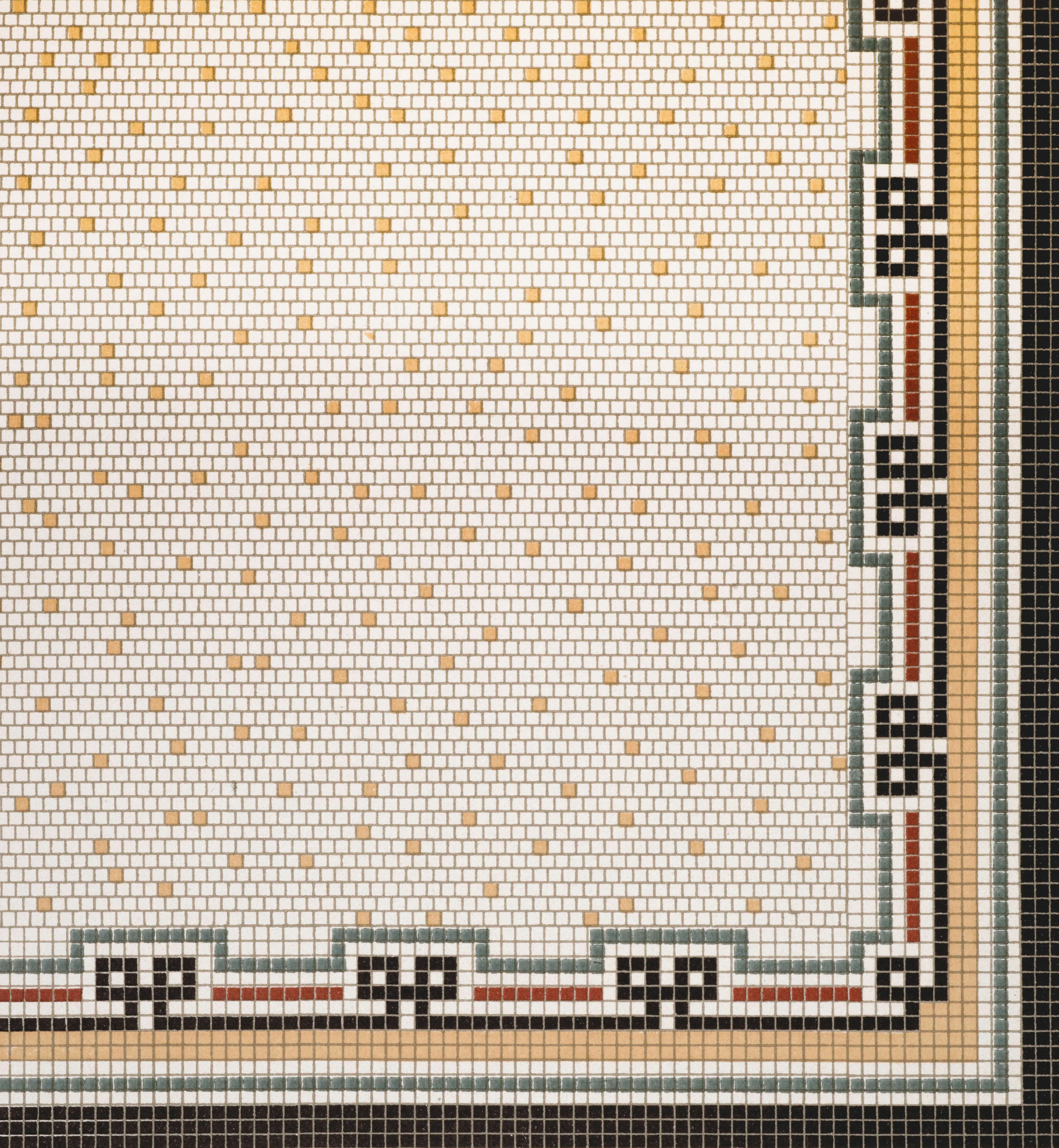 Close-up of a mosaic tile pattern with geometric border.