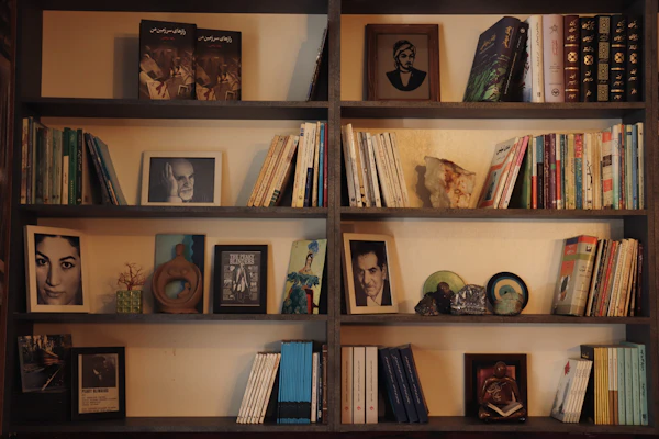 Dark fitted shelving filled with books, framed prints and objects