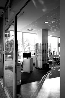 A black and white photo of an office