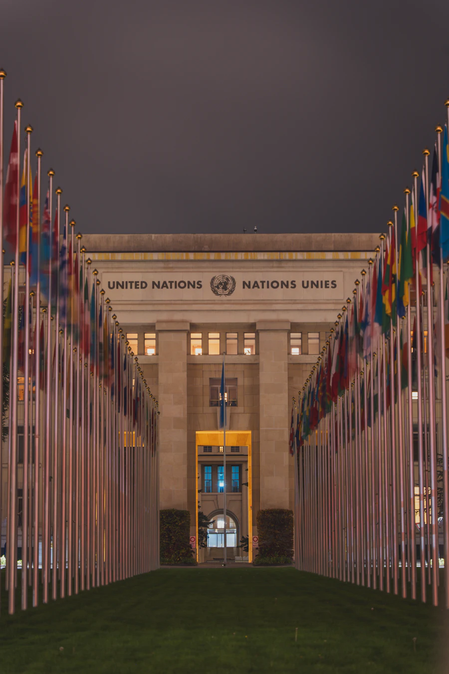 The Palais des Nations in Geneva, with a row of national flags