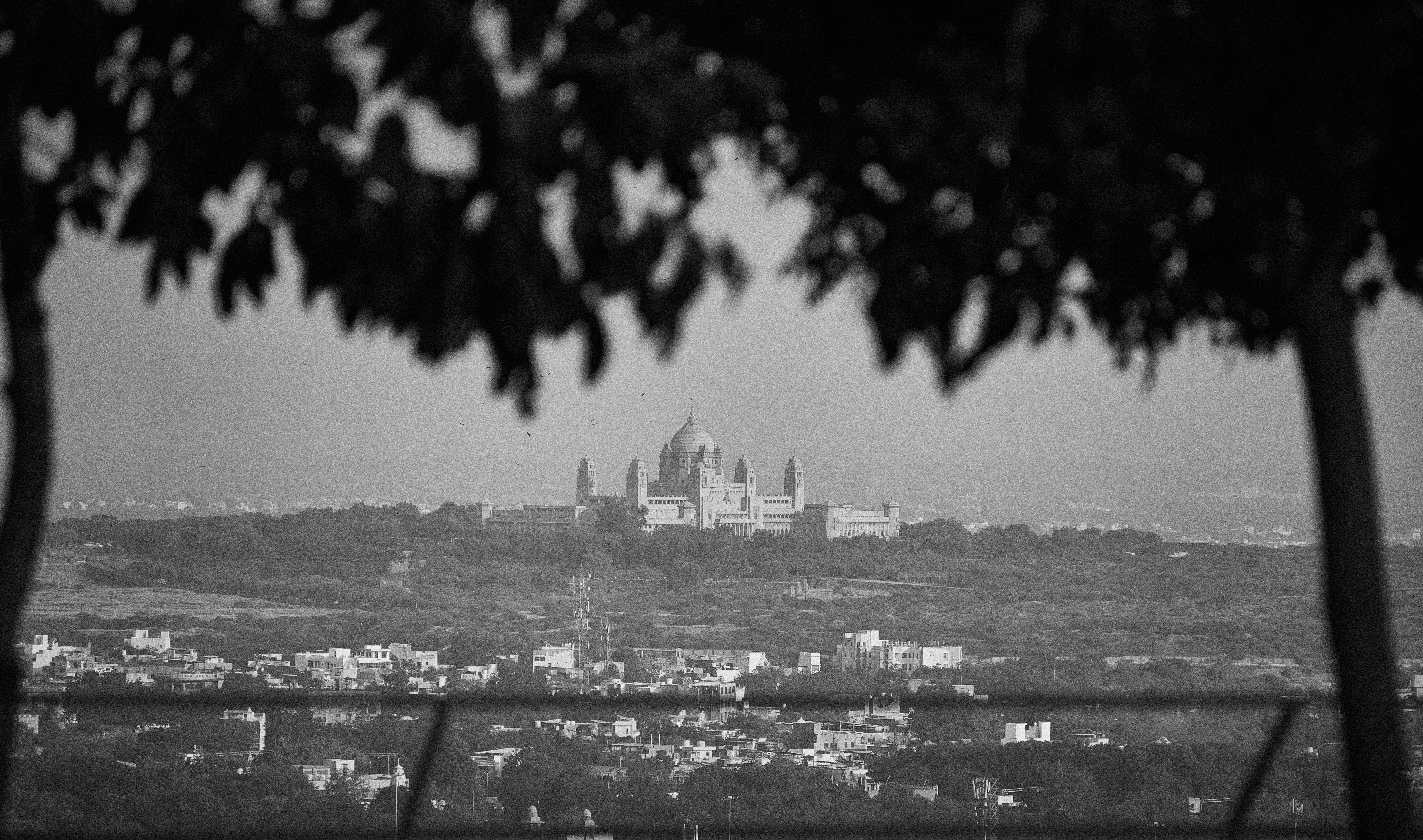 A black and white photo of a castle in the distance