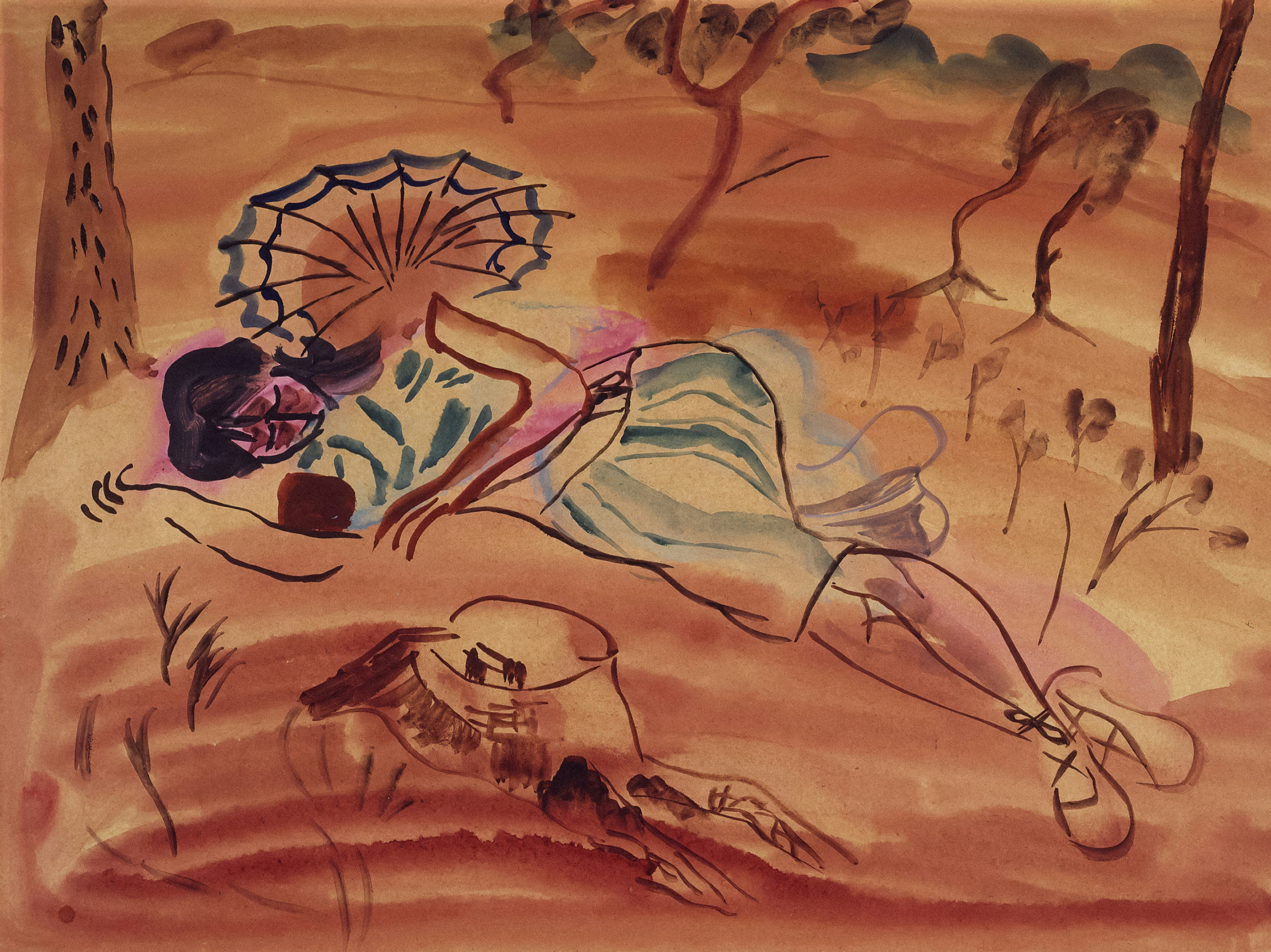 Woman resting outdoors with umbrella and parasol.