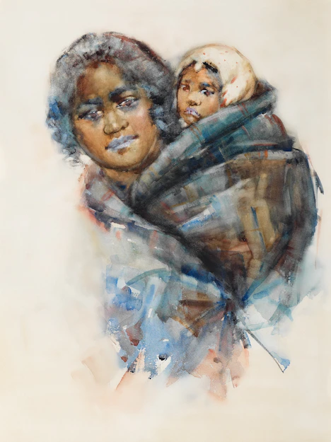 Mother carrying a child on her back
