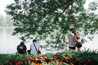 A group of people sitting under a tree next to a body of water