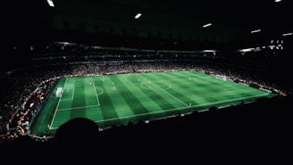 A large soccer stadium with a green field