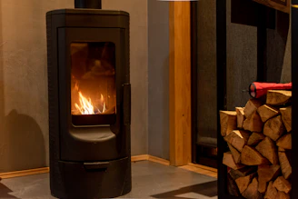 A wood burning stove in a living room